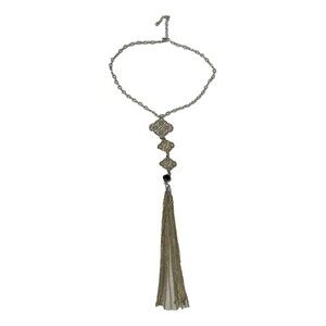 Silver Tassel Drop Necklace With Tiered Design Fringe Tassel and Black Pendant
